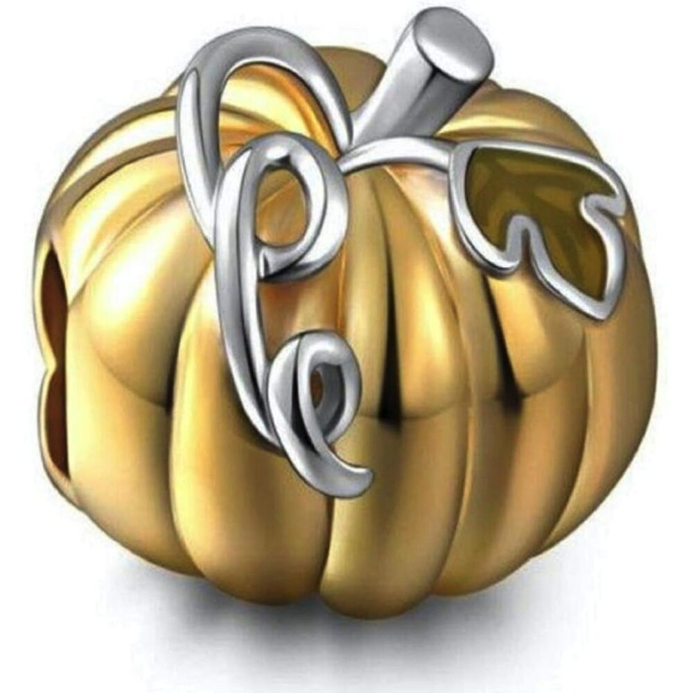 Gold Pumpkin Fall Halloween Autumn 925 Sterling Silver Charm Bead for Pandora &